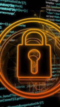 Animation of data processing and padlock icon over dark background