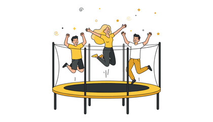 Happy friends jumping together on a backyard trampoline with safety net flat outline vector illustration isolated on white