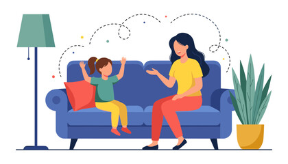 Mother and daughter talking together sitting on blue living room sofa flat cartoon vector illustration isolated on white