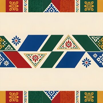 Traditional Mexican Geometric Seamless Pattern Border with Floral Motifs and National Flag Colors for Independence Day Textile and Tile Design