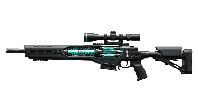 Futuristic sniper rifle with glowing blue energy core and advanced modular tactical design