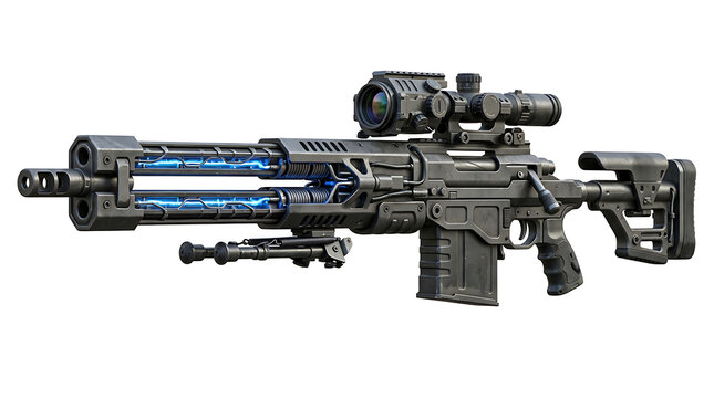 Futuristic Sci-Fi Sniper Rifle with Glowing Blue Energy Coils and Tactical Scope Isolated