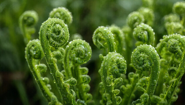 Close-up of vibrant green fern fiddleheads unfurling in a forest with water droplets on the textured leaves during a damp spring morning time