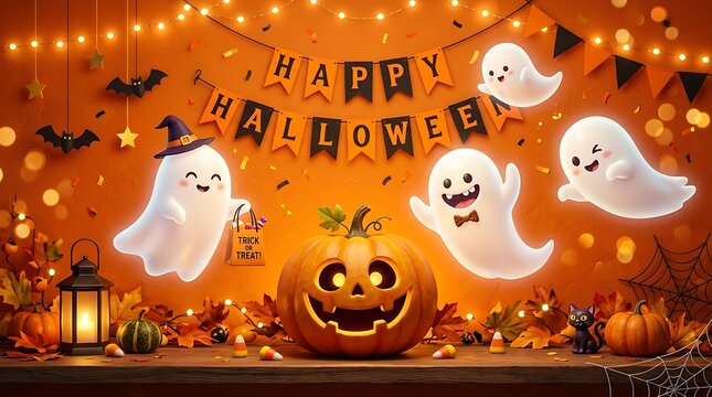 Happy halloween scene with friendly ghosts glowing pumpkin and festive banners on wooden shelf.