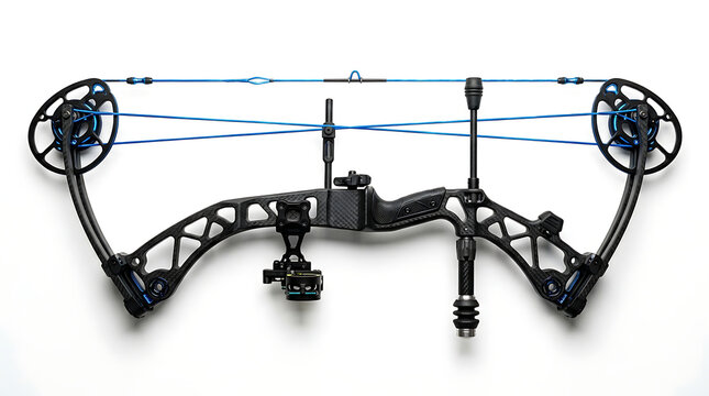 Professional carbon fiber compound bow with blue strings isolated on a white background