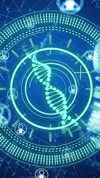DNA strand and light bulb animation over network of connections and user icons