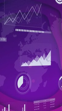 Graphs and charts animation over world map in purple tones