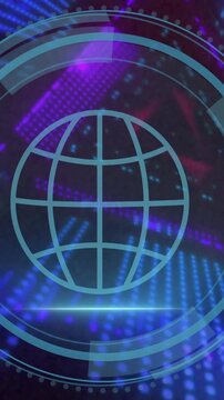 Globe icon with digital data processing animation over vibrant blue and purple lights