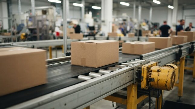 Modular conveyor belt moving cardboard cartons through packaging hall with rollers, gear motor housing, and automated material handling