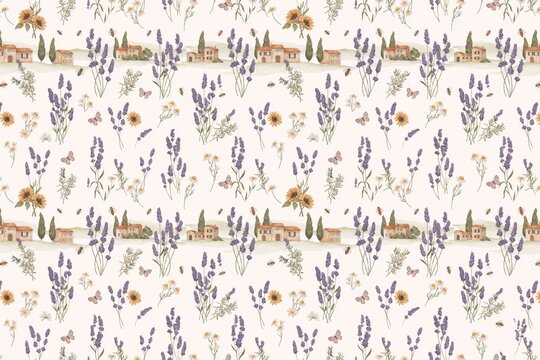 Seamless pattern featuring watercolor lavender sprigs, small yellow wildflowers, butterflies, and rustic mediterranean stone houses in provence