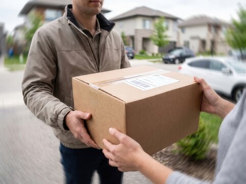 A dedicated courier personnel hands over a cardboard parcel to a recipient during a daytime doorstep delivery service appointment at a residential suburban neighborhood location for home