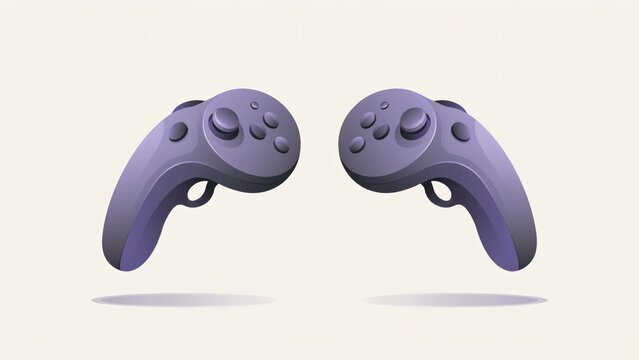 Pair of modern ergonomic virtual reality motion controllers isolated against soft neutral background surface with stylized purple virtual hovering
