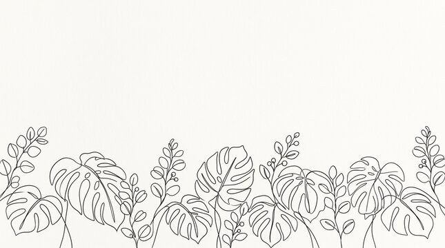 Minimalist botanical line art, tropical monstera leaf border on white background, elegant floral sketch for wedding invitations