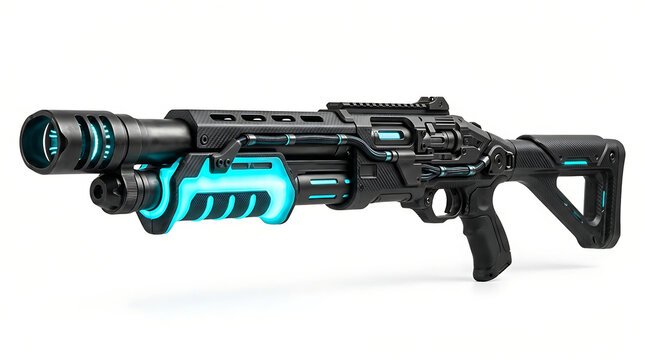 Futuristic Sci-Fi Shotgun with Glowing Neon Blue Details Isolated on a White Background