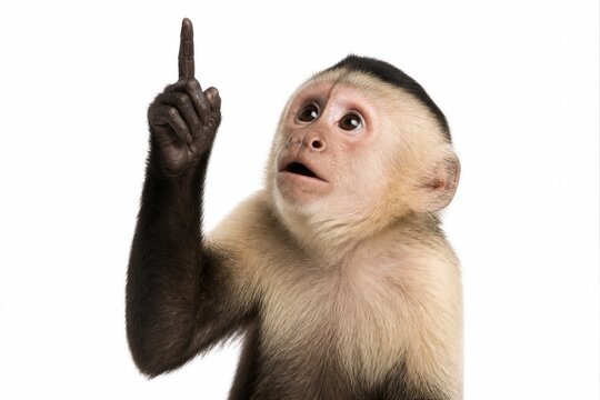 White faced capuchin monkey pointing upward in studio