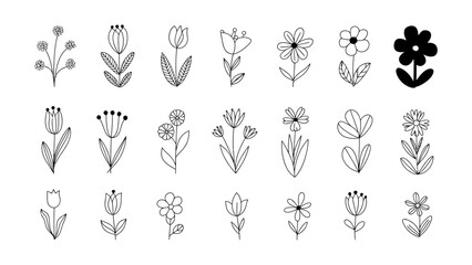 Obraz premium Set of hand drawn flowers and floral doodle elements in black ink sketch style