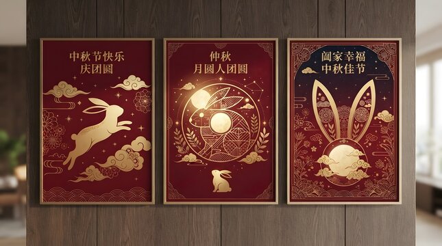 Three decorative wall posters featuring traditional golden illustrations of rabbits and moon cakes for the annual mid autumn festival china celebration on dark red