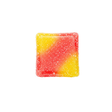 Square gummy candy with red and yellow gradient and sugar crystals isolated on white background