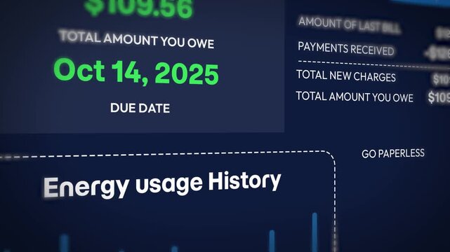 Energy usage history and billing dashboard showing due date with amount, 4k animation.
