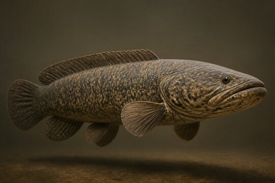 Large coelacanth fish hovering above seabed in muted environment