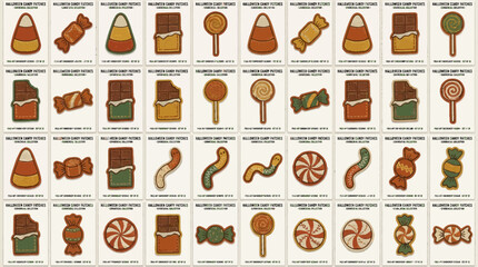 Fototapeta premium Vintage Candy Icons Set, Retro Halloween sweets, Retro Graphic Design elements, Historical commercial candy collection, Antique sweets illustrations Halloween
