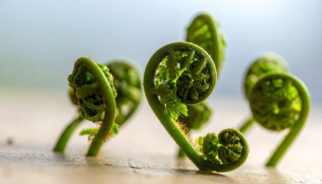 Bright green fiddlehead fern fronds coiled in spirals, emerging growth, natural outdoor setting.