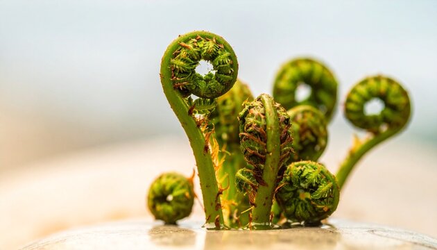 Bright green fiddlehead fern fronds coiled in spirals, emerging growth, natural outdoor setting.
