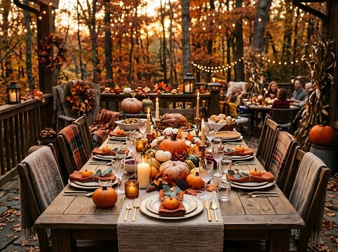 Large outdoor thanksgiving dinner table decorated with pumpkins and fall elements in a forest setting, suitable for holiday gatherings.