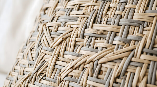 A macro wallpaper of a woven geometric pattern made from natural and dyed light grey reed fibers