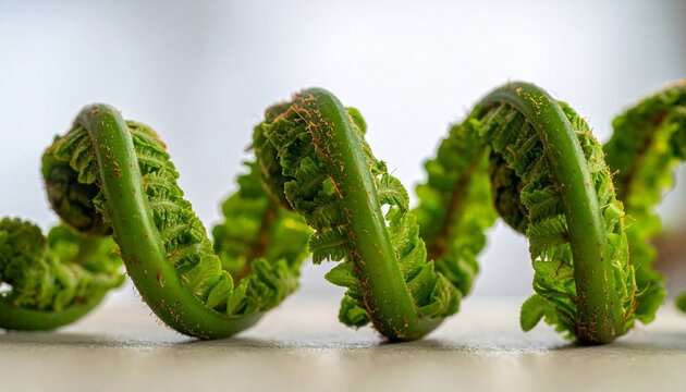 Fresh green plant tendril coiled in spiral, delicate frills, natural geometry, blurred background.