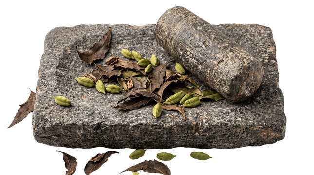 Traditional Indian grinding stone, a rustic kitchen tool for spices; authentic granite mortar and pestle for crushing cardamom and dried leaves, perfect for culinary and herbal preparations.