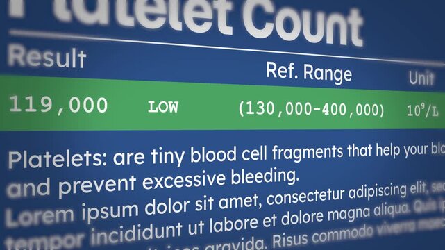 Low platelet count medical report infographic with blood test results and reference range, 4k animation.