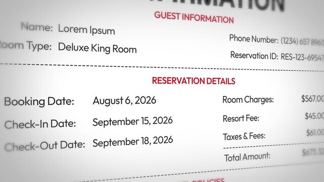 Hotel reservation details with booking, check-in, check-out dates, room charges, 4k animation.