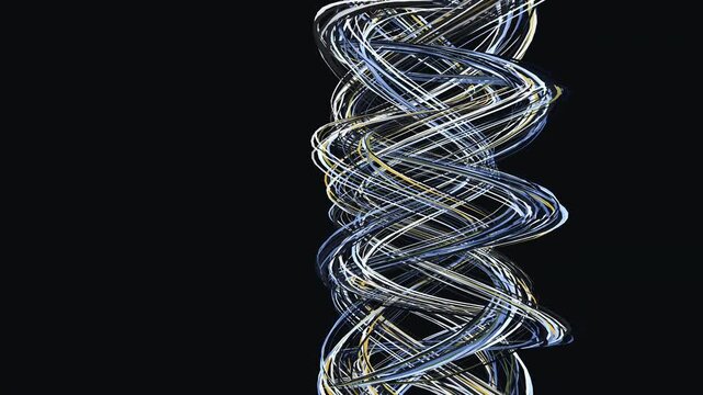 Elegant 3D gold and silver ribbons continuously flowing and morphing against a dark background. Features smooth seamless loop motion and negative space. Ideal for presentations and event screens.