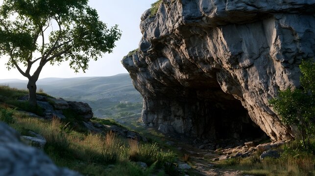 A natural rock overhang forms a cave entrance beside a solitary tree on a grassy hillside overlooking rolling hills