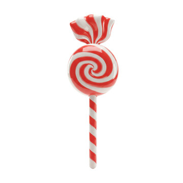 Swirly red and white lollipop candy with twisted handle and wrapper isolated on white background