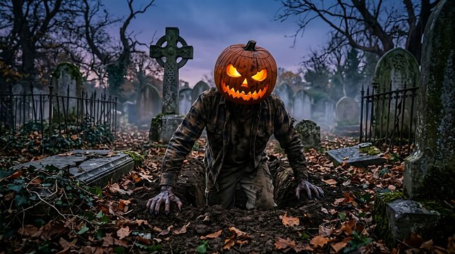Terrifying person with pumpkin head emerging from open grave in dark atmospheric cemetery setting for horror halloween themes.