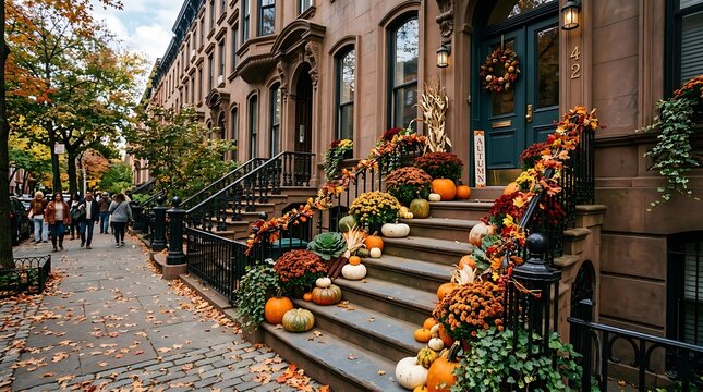 Brooklyn brownstone steps decorated for autumn with pumpkins, gourds, and fall foliage on a sunny day.
