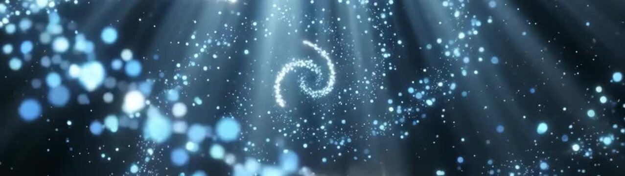 Blue glowing particles swirling in a spiral pattern creating a dreamlike cosmic tunnel with light rays.