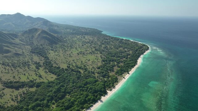 Aerial view of Nuca Molas featuring lush green hills, dense forests, and a white sandy beach meeting turquoise waters in Satar Mese Barat, East Nusa Tenggara, Indonesia.