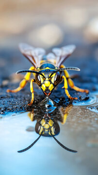 Macro shot of a yellow jacket wasp drinking water from a puddle with a clear reflection on a wet surface
