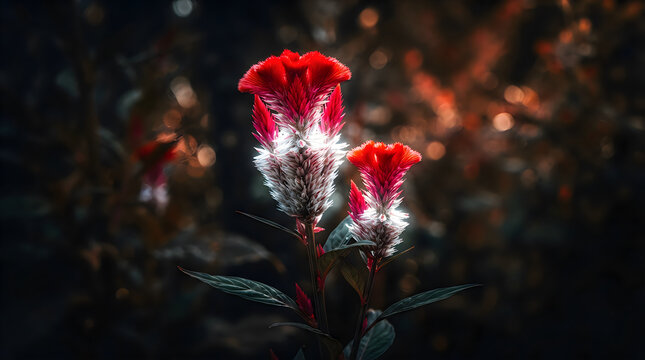 Bright red celosia flowers blooming in a dark garden illustration