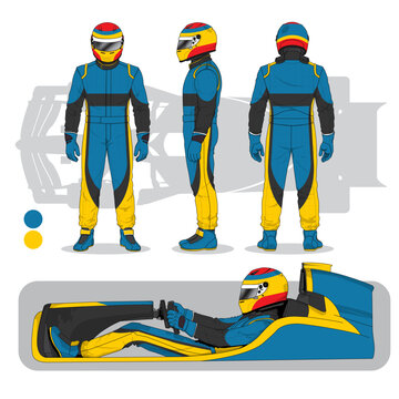 Race Car Driver in Racing Suit and Cockpit Illustration Set