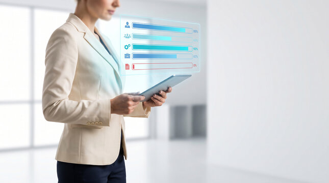 Businesswoman using digital tablet with holographic interface representing RegTech compliance data analytics risk management and security monitoring in modern corporate office environment.