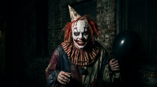 Evil clown wearing a party hat holding a black balloon against a dark brick wall background.