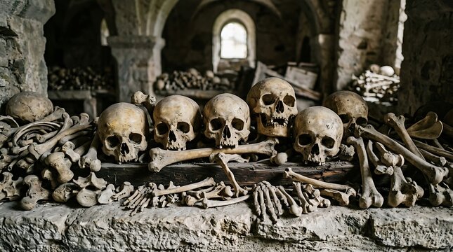 Ancient human skulls and skeletal remains piled in dark stone catacomb cellar suggest historical mystery and mortality.