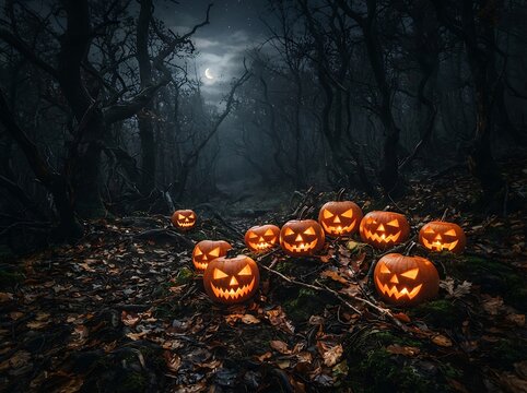 Lit pumpkins scattered across leaf covered ground in misty evening forest setting.