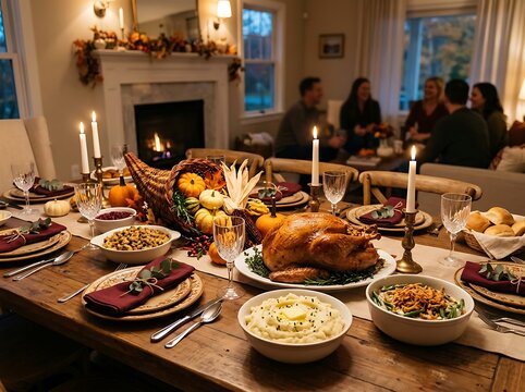 Festive thanksgiving dining table with cornucopia and roasted turkey in cozy rustic home interior for holiday.