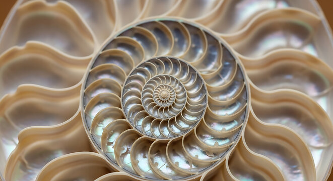 Abstract Nautilus Shell Spiral With Symmetrical Pattern- A detailed close-up of a nautilus shell revealing a mesmerizing spiral structure, emphasizing geometry, symmetry, and natural design.
