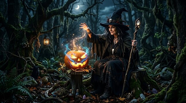 Old witch casting magic spell on carved glowing pumpkin in mysterious dark forest for halloween fantasy concept.